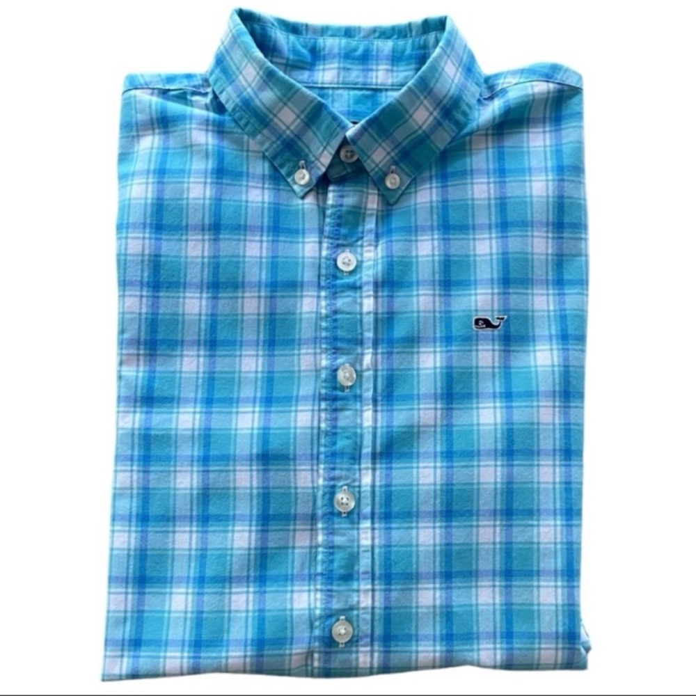 Vineyard Vines Boy's Blue Madras Style Plaid Button Down Whale Large Like NEW